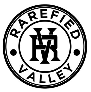Black and white logo of Rarefied Valley on a white background